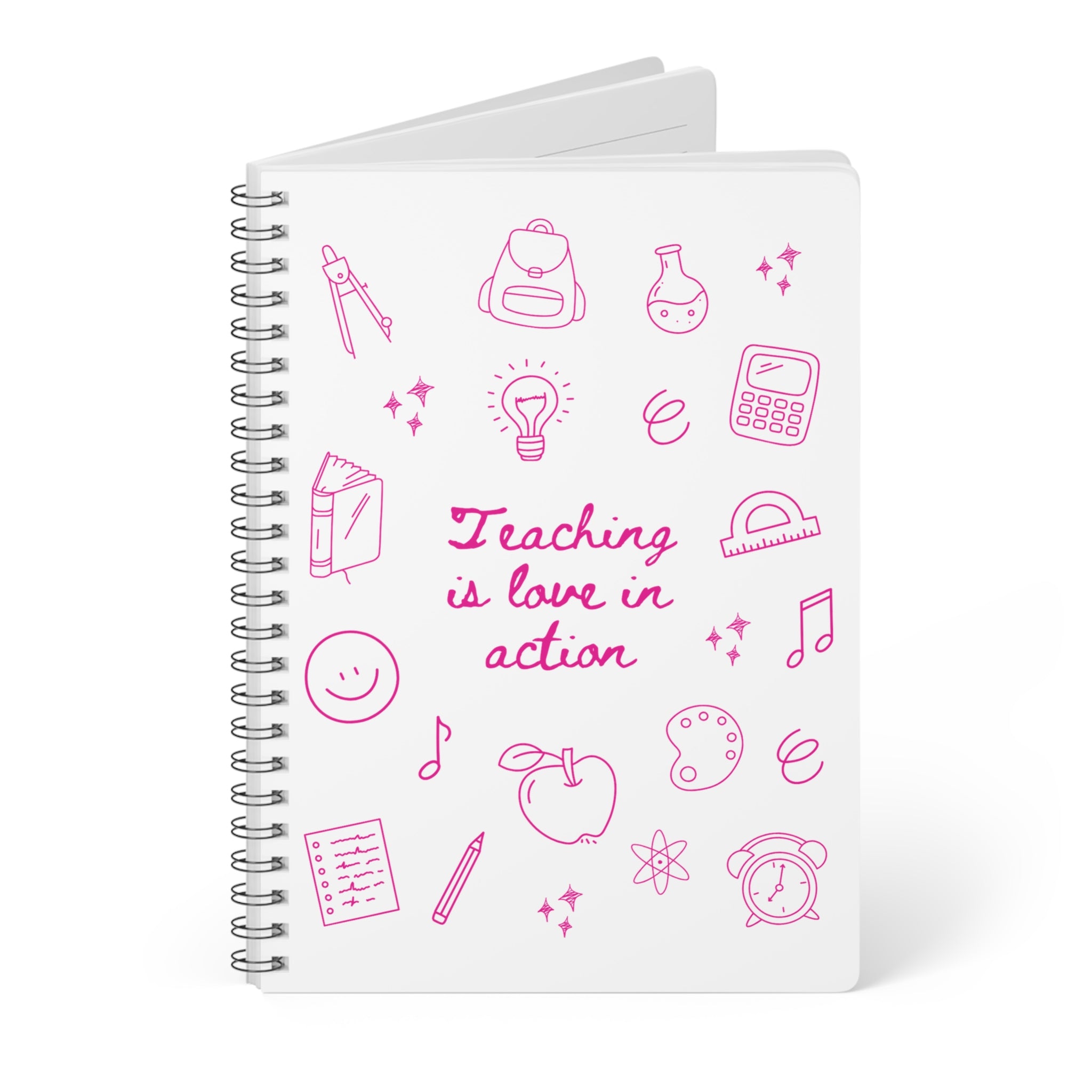 Teaching Is Love in Action A5 Spiral Notebook — Teacher Gift, Pink Doodle School Icons