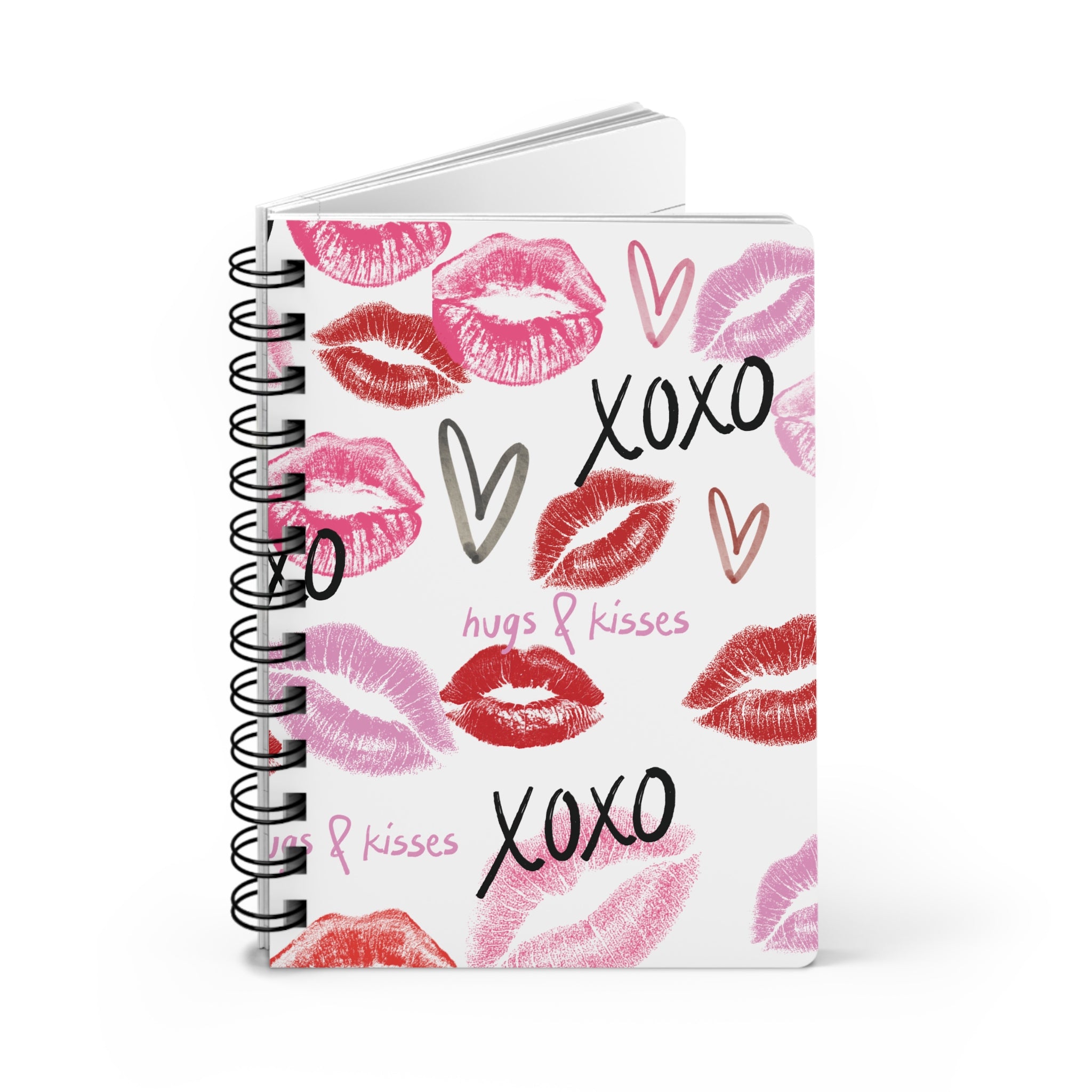 Kisses & XOXO Spiral Journal — Romantic Lip Print Notebook for Valentines, Love Notes & Gifts