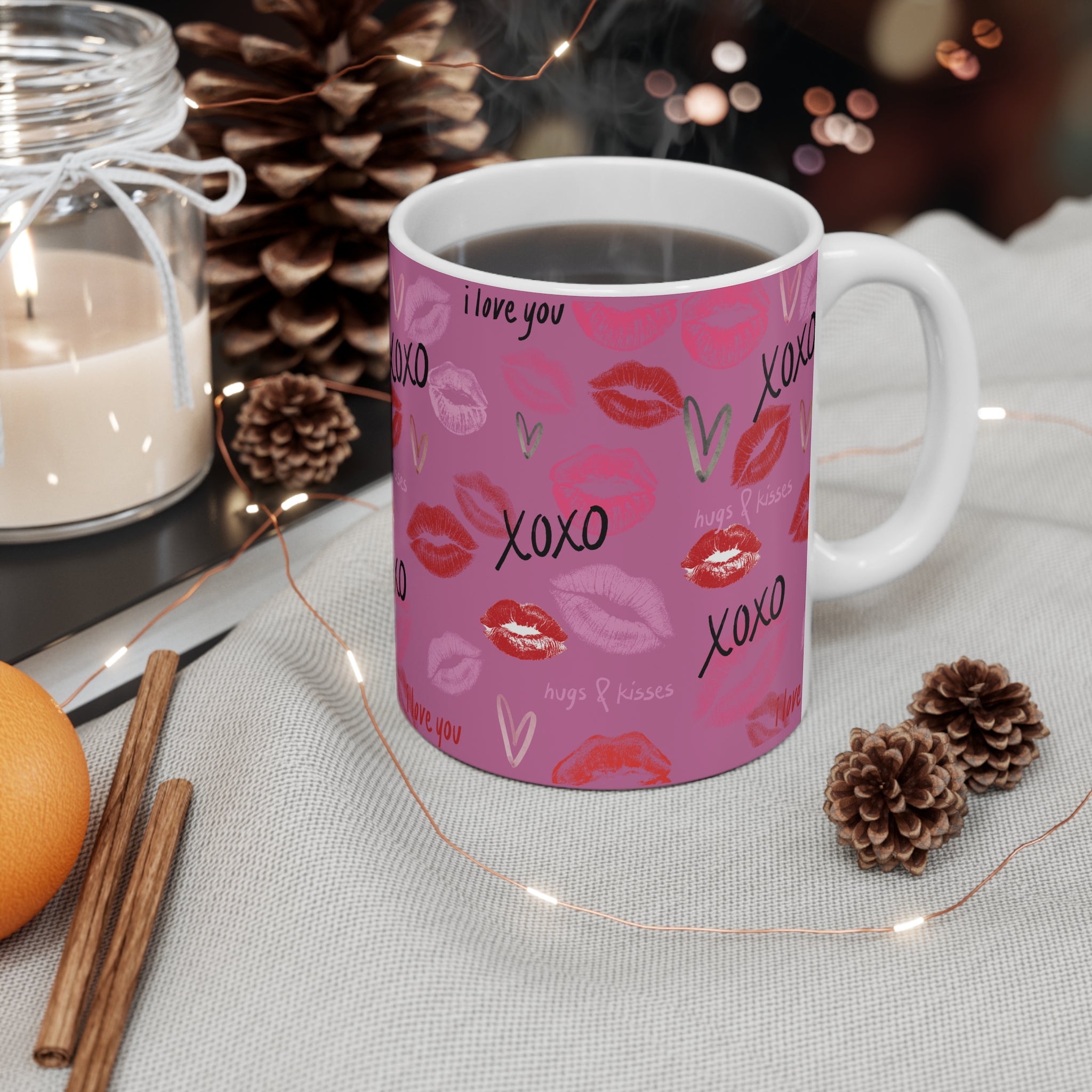 XOXO Kiss Pattern Mug Pink Valentine’s Day Coffee Cup with 'I Love You' Design