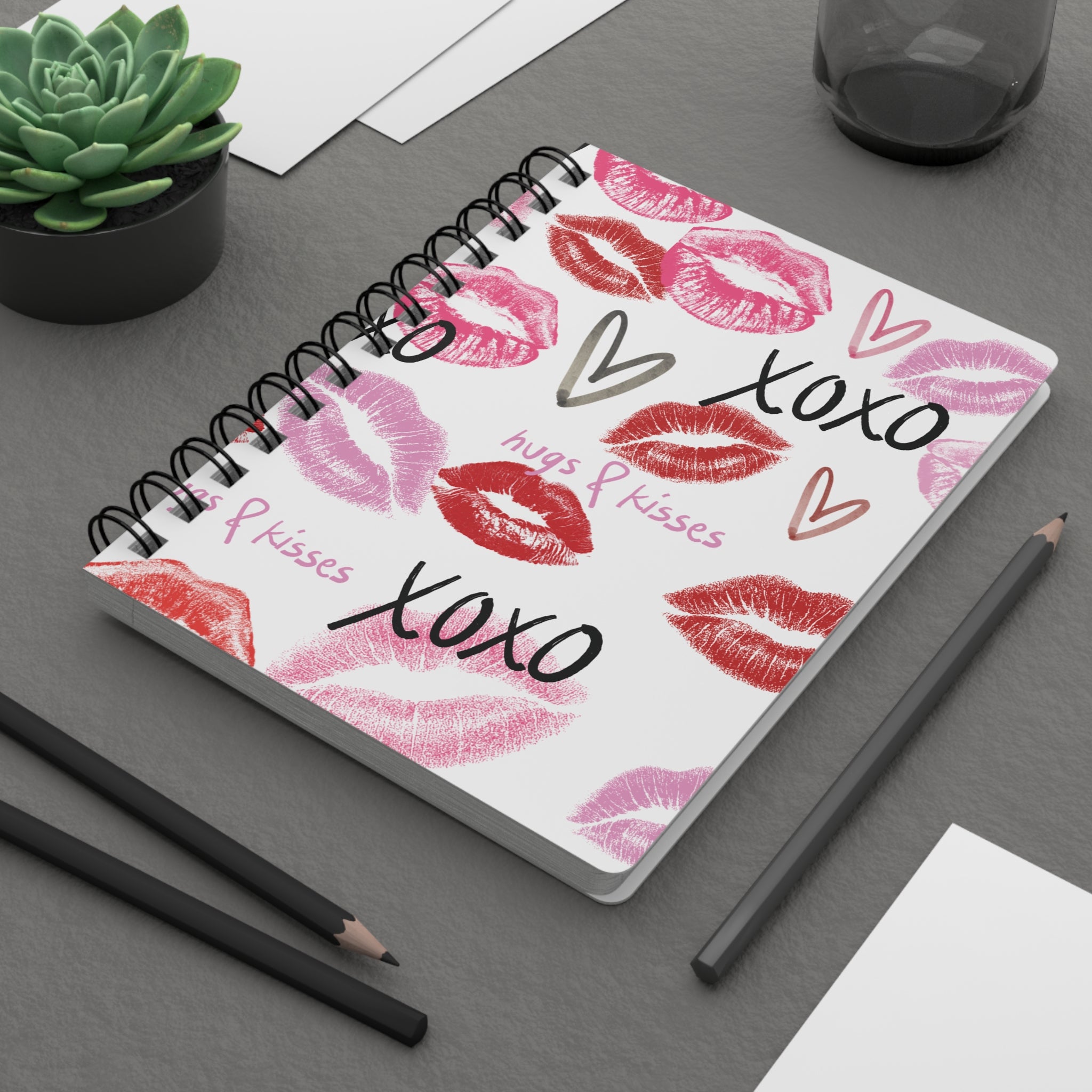 Kisses & XOXO Spiral Journal — Romantic Lip Print Notebook for Valentines, Love Notes & Gifts