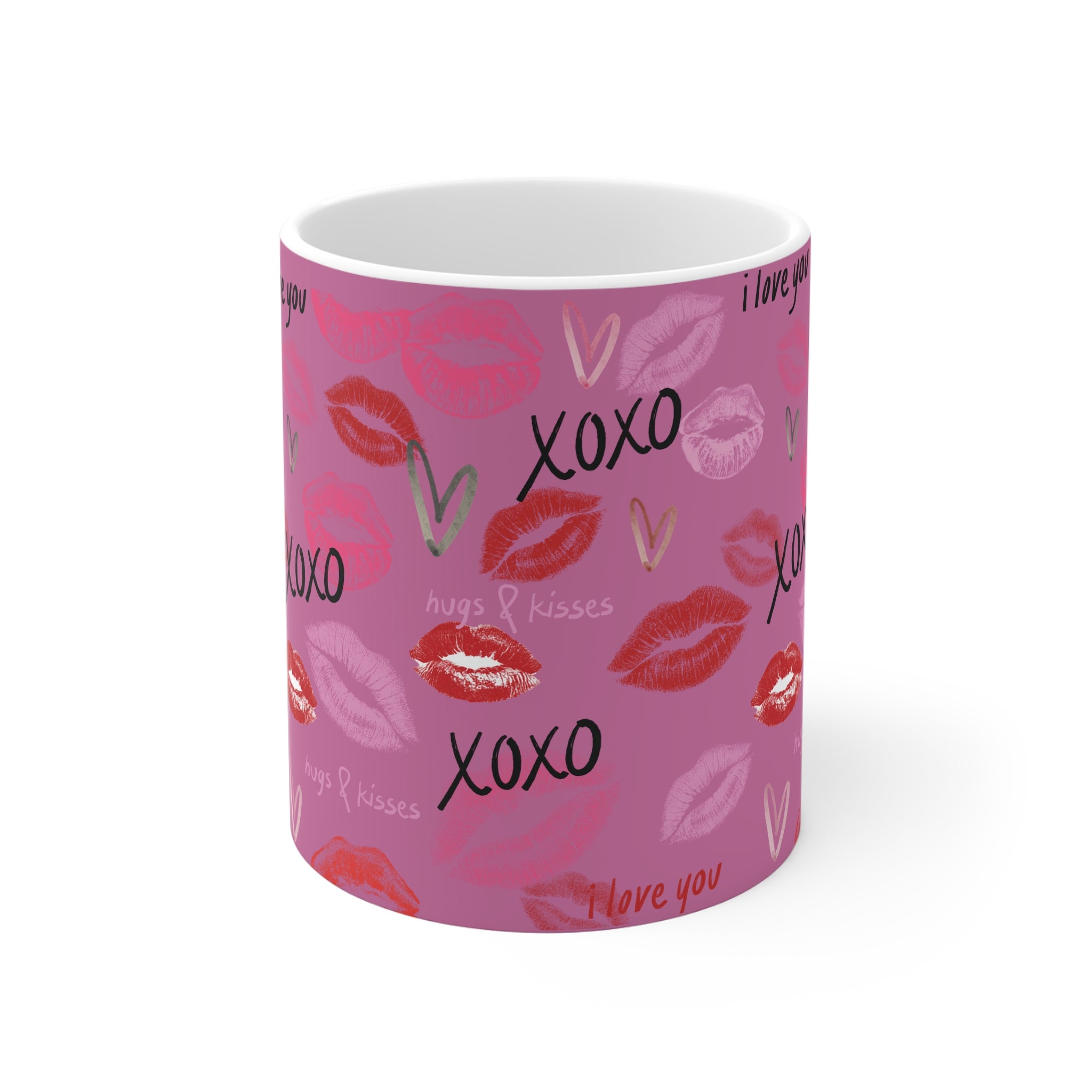 XOXO Kiss Pattern Mug Pink Valentine’s Day Coffee Cup with 'I Love You' Design