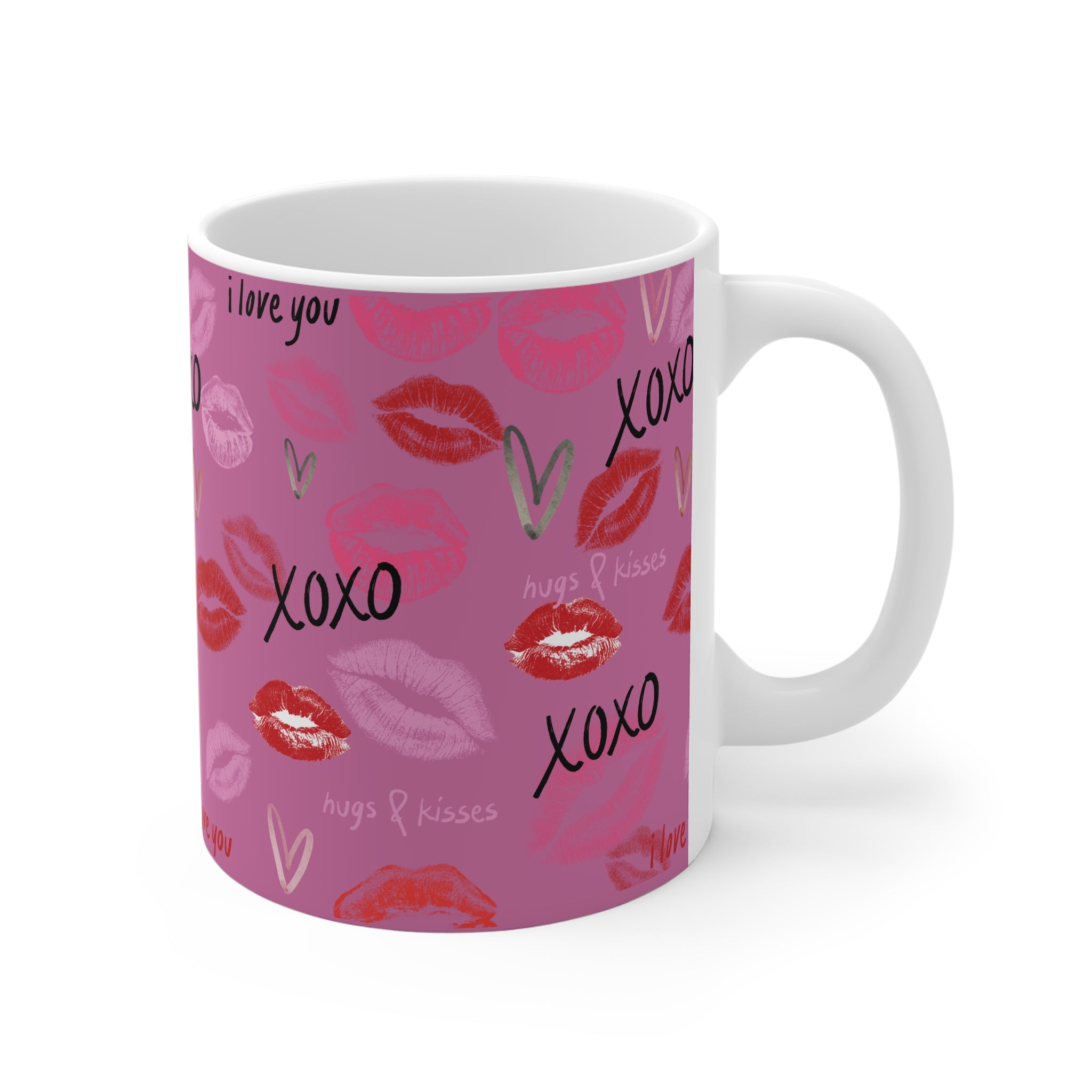 XOXO Kiss Pattern Mug Pink Valentine’s Day Coffee Cup with 'I Love You' Design