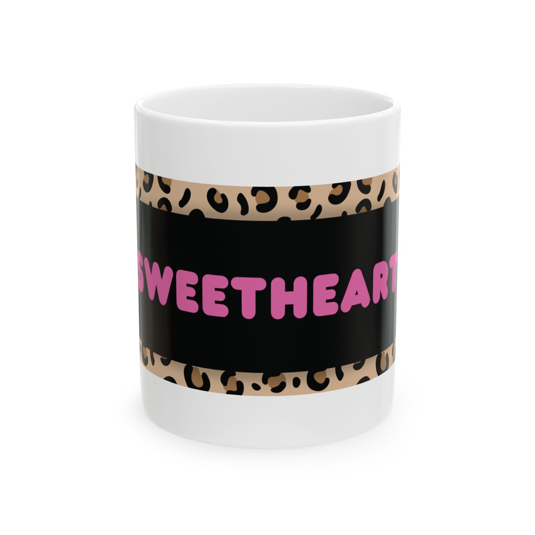 Sweetheart Leopard Print Mug Pink Typography Ceramic Coffee Cup (11oz/15oz)