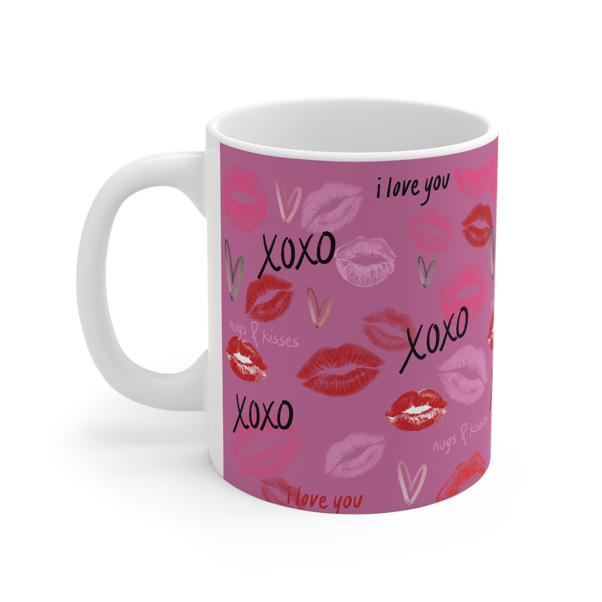 XOXO Kiss Pattern Mug Pink Valentine’s Day Coffee Cup with 'I Love You' Design