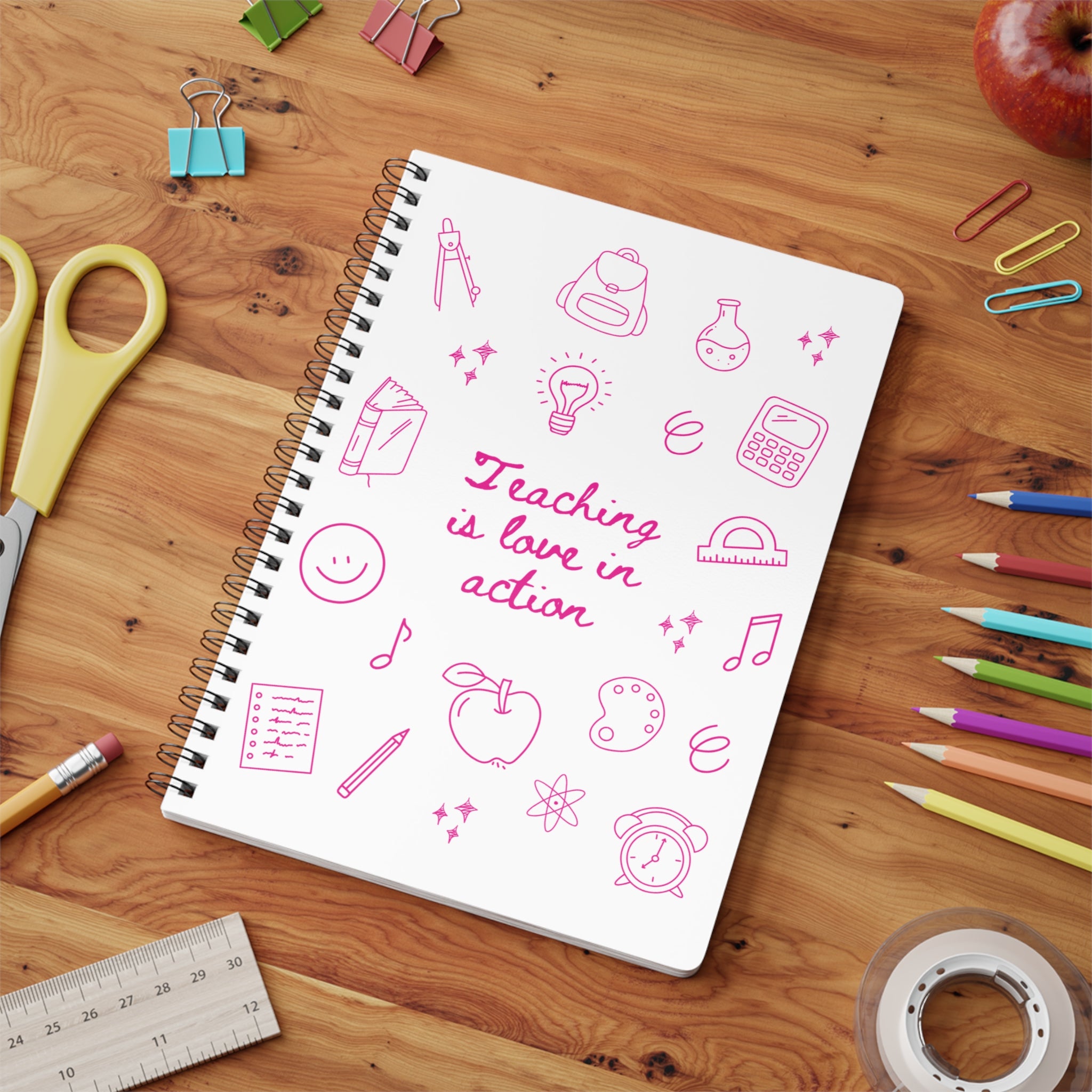 Teaching Is Love in Action A5 Spiral Notebook — Teacher Gift, Pink Doodle School Icons